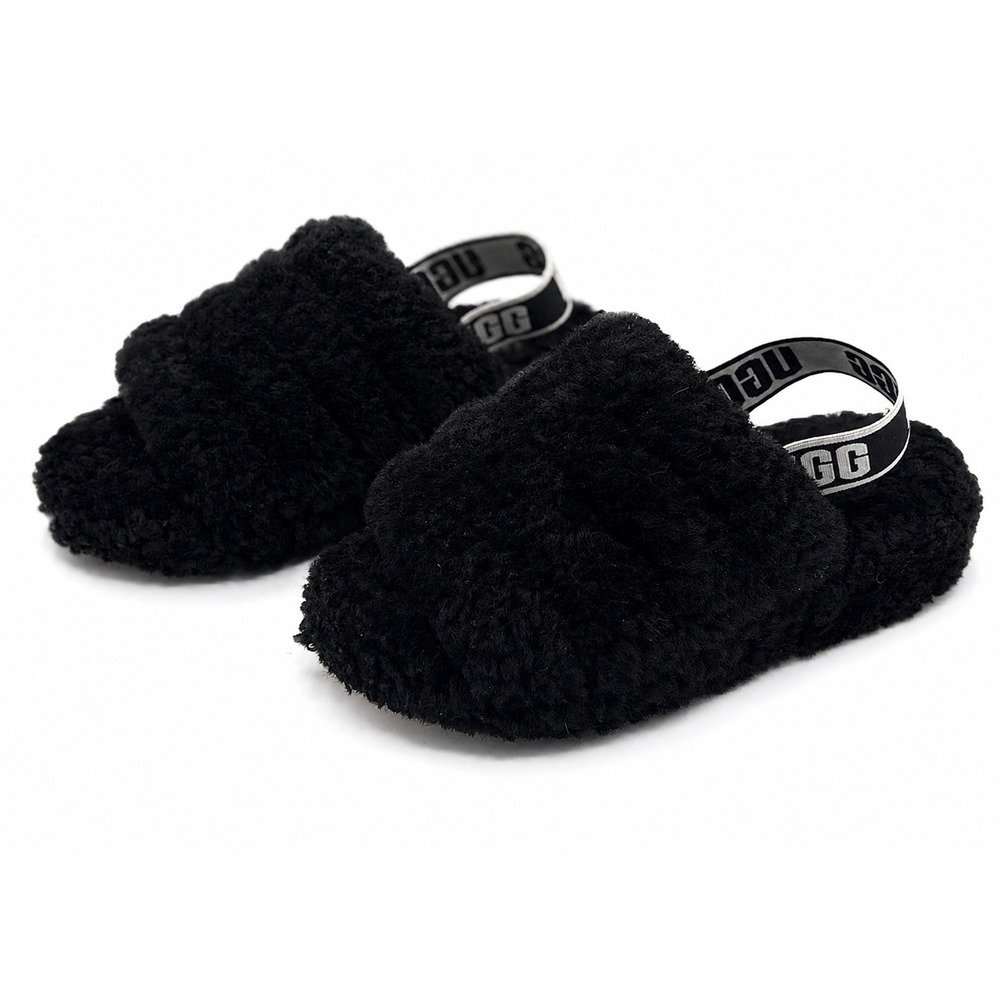 UGG Fluff Yeah Slide Women's Size 6 Black Sheepskin Platform Sandals 1095119